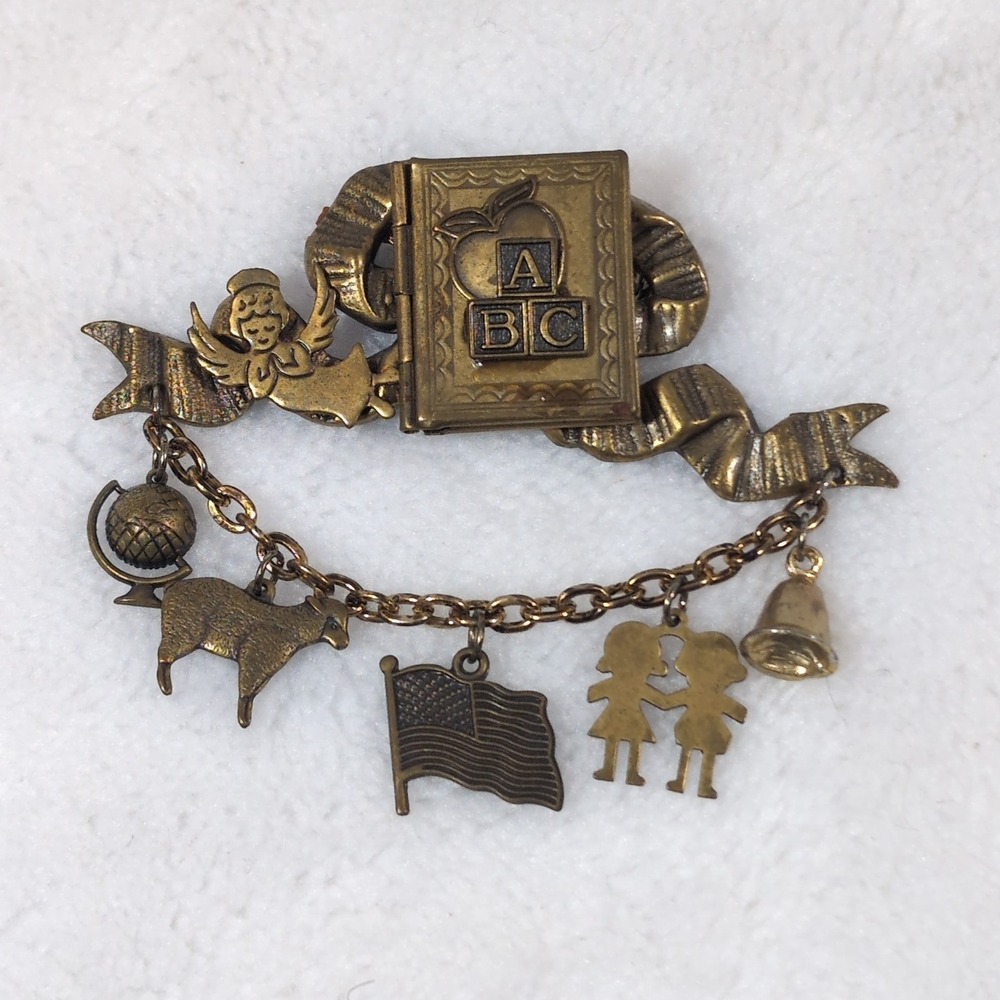 Vintage Schoolhouse Charm Brooch Antique Brass/Gold Tone ABC Book Locket Teacher